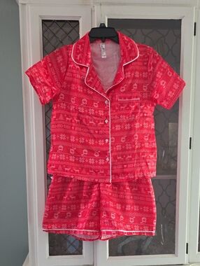 Festive Red Short Pajama Set with Contrast Piping